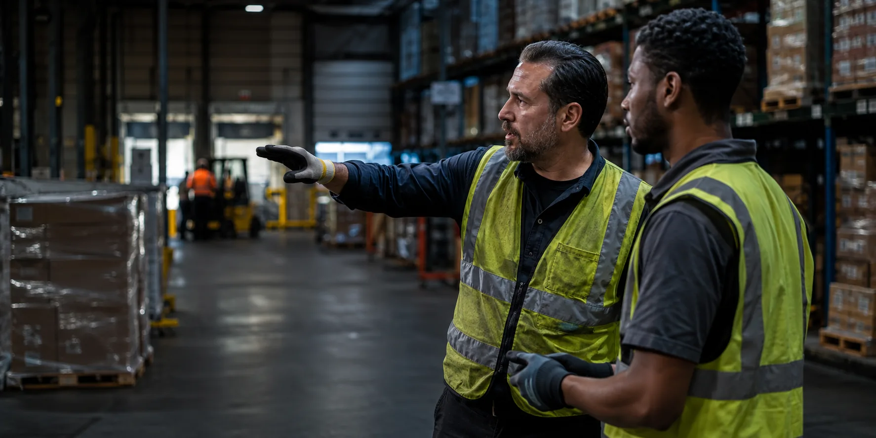 Supervisor de almacén con experiencia orientando a un integrante del equipo durante las operaciones.